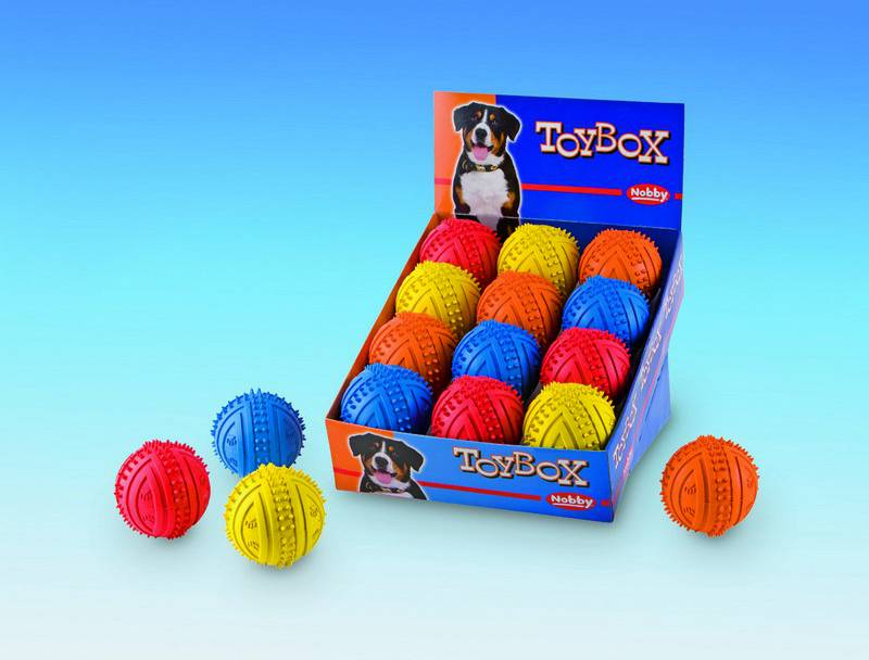 RUBBER BALL WITH SPIKES,ASSORTED COLOURES DISPLAY 12 PCS.;