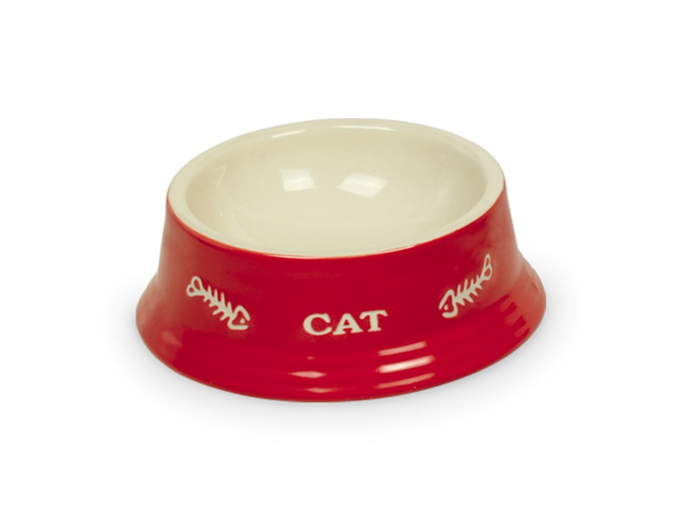 Castron pisici | Castron din ceramica "CAT" | rosu/bej | Ø 14 X 4,8 CM