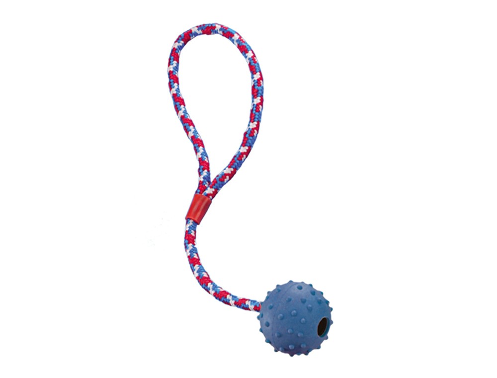 RUBBER BALL WITH NOPS, BELL AND ROPE,ASSORTED COLOURES 5 CM