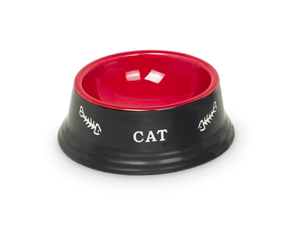 Castron pisici | Castron din ceramica "CAT" | negru/rosu | Ø 14 X 4,8 CM