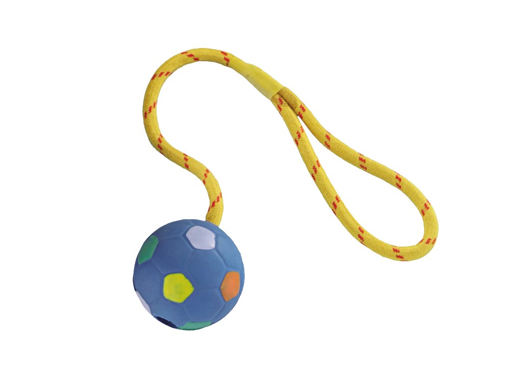 RUBBER BALL WITH ROPE,ASSORTED COLOURES 6,5 CM