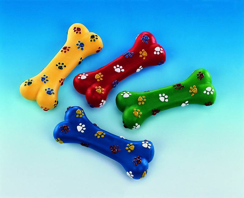 VINYL BONE WITH PAW PRINT,ASSORTED COLOURES 18 CM