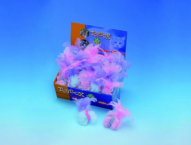 WOOL BALL WITH FEATHER, DISPLAY 30 PCS., 4 CM